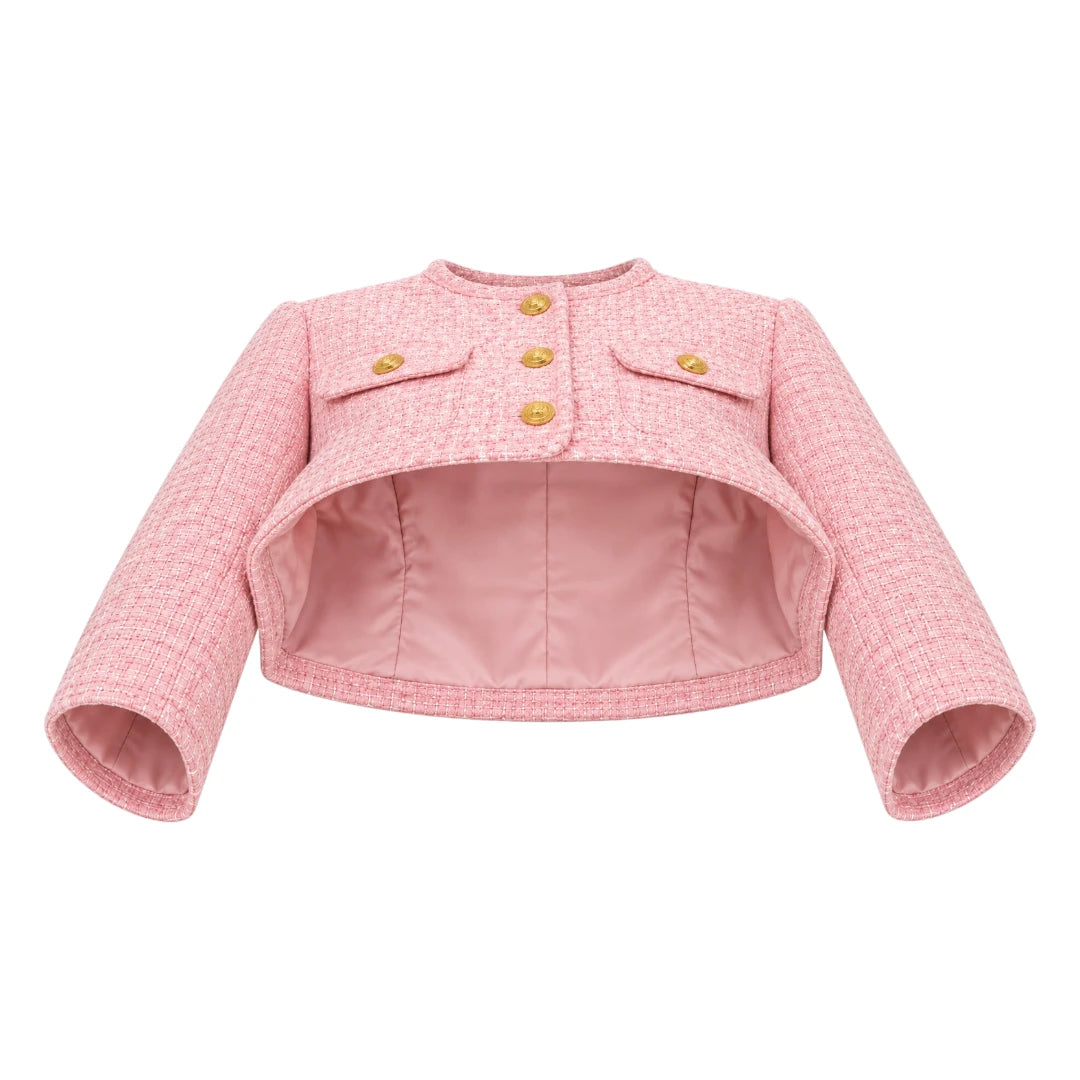 Belti Women's Pink Cropped Tweed Button Pocket Jacket Style