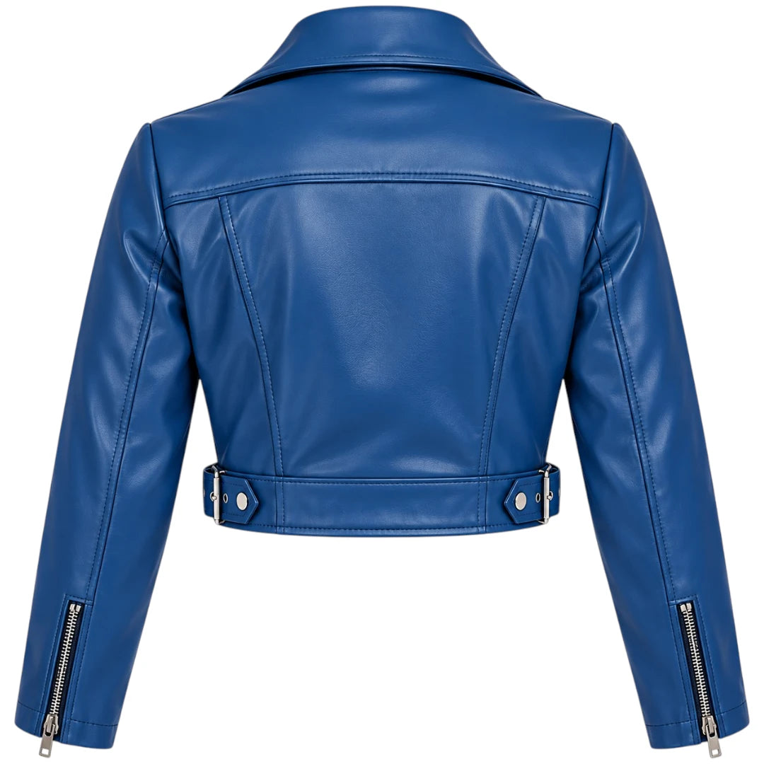 Belti Premium Women's Blue Cropped Leather Biker Fashion Jacket