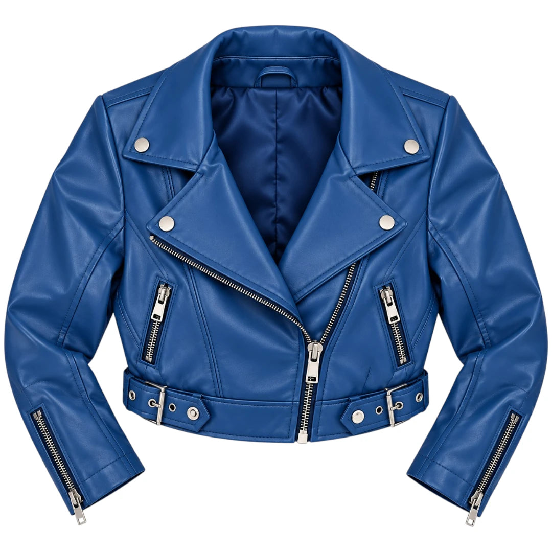 Belti Premium Women's Blue Cropped Leather Biker Fashion Jacket