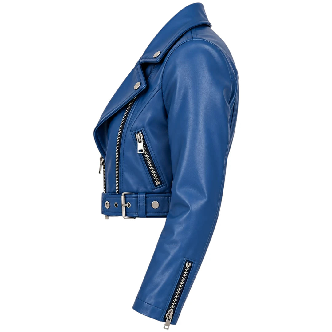 Belti Premium Women's Blue Cropped Leather Biker Fashion Jacket