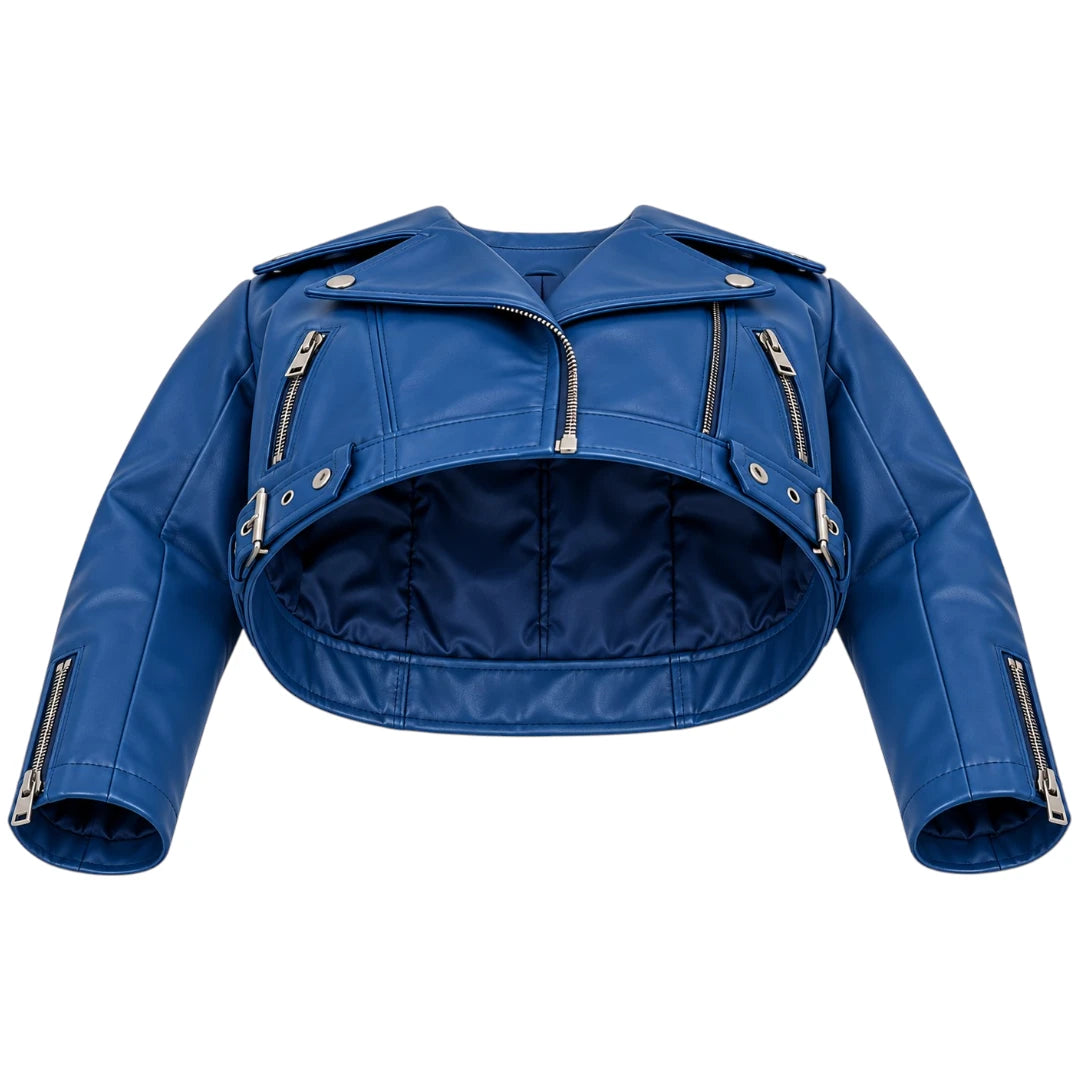 Belti Premium Women's Blue Cropped Leather Biker Fashion Jacket