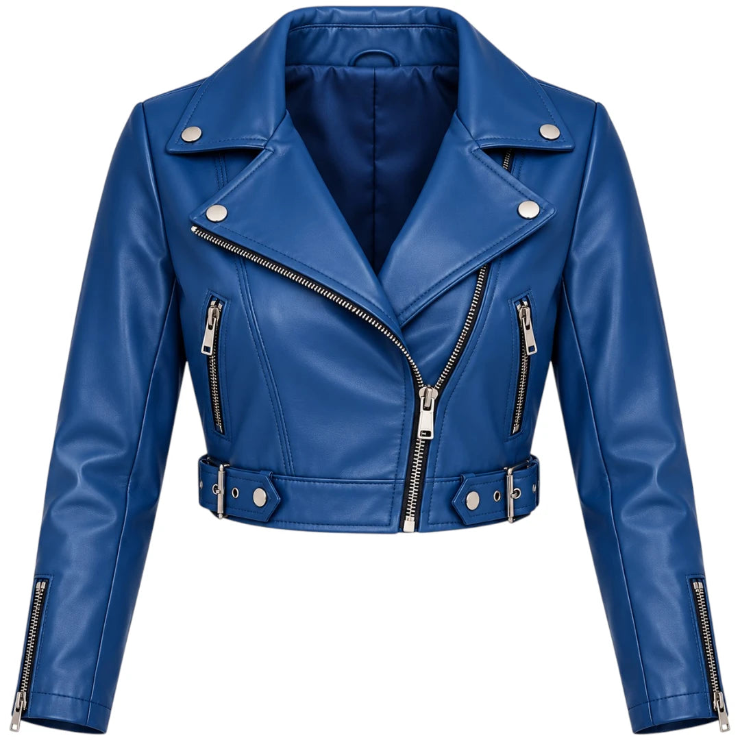 Belti Premium Women's Blue Cropped Leather Biker Fashion Jacket